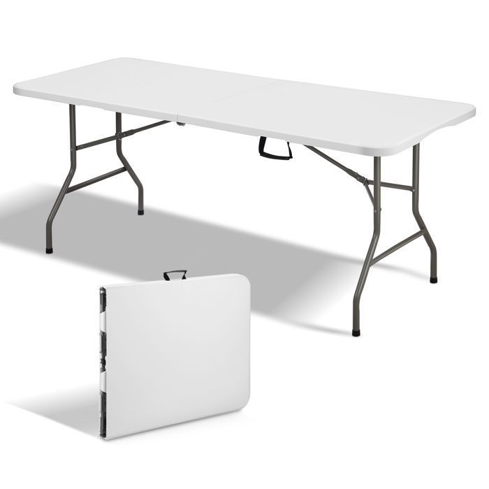 Table pliante 180 x 74 x 74 cm,TEENO table pliante d'extérieur avec verrou de sécurité,poignée de transport,table de jardin pliante(Blanc)