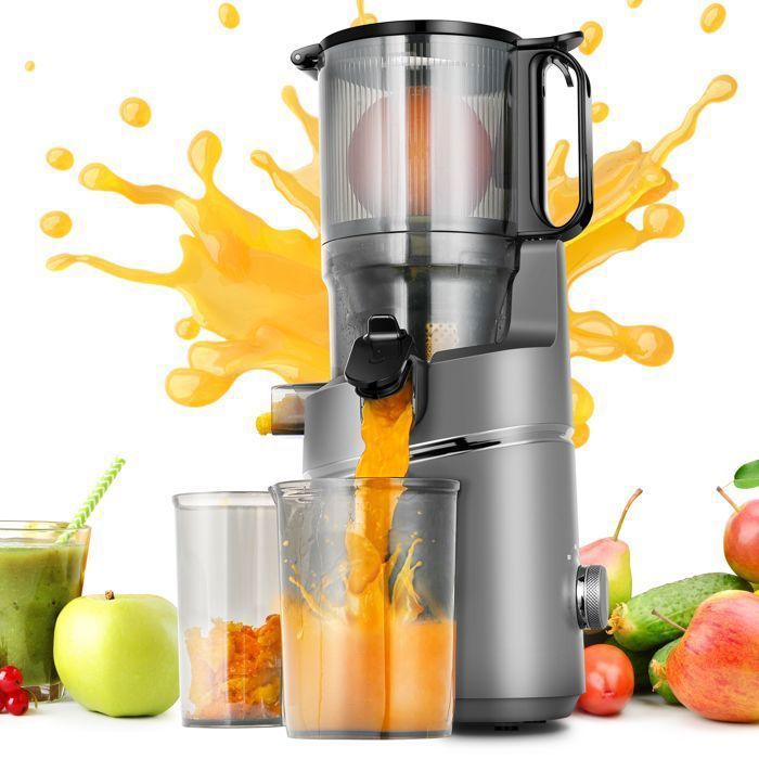 Extracteur de Jus Lent AMZCHEF Sans Préparation 140mm Nettoyage Rapide 1,8 L Rendement en jus de 99.6% Gris(Gris)
