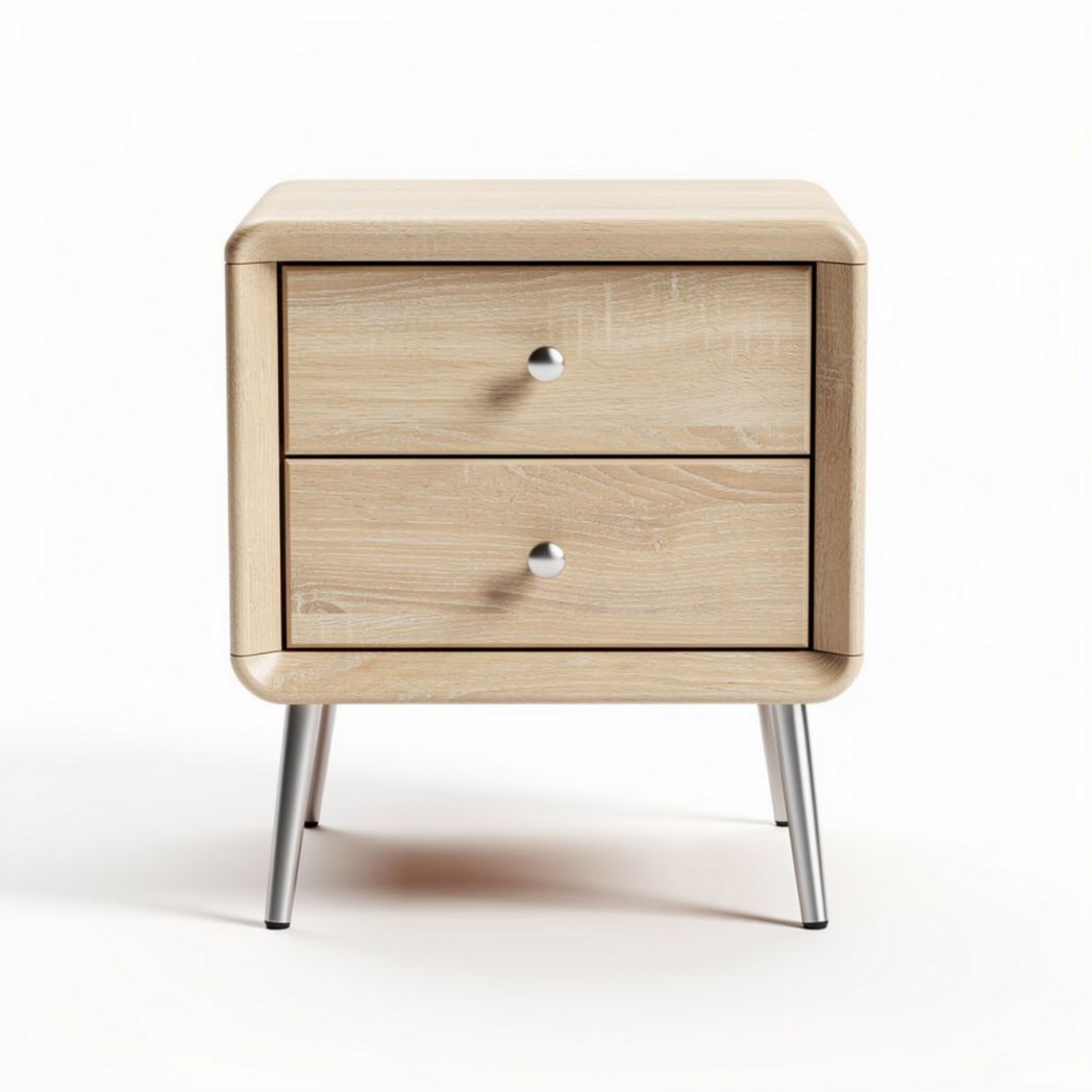 Table de chevet en bois clair avec deux tiroirs et pieds en métal 45 x 45 x 50cm