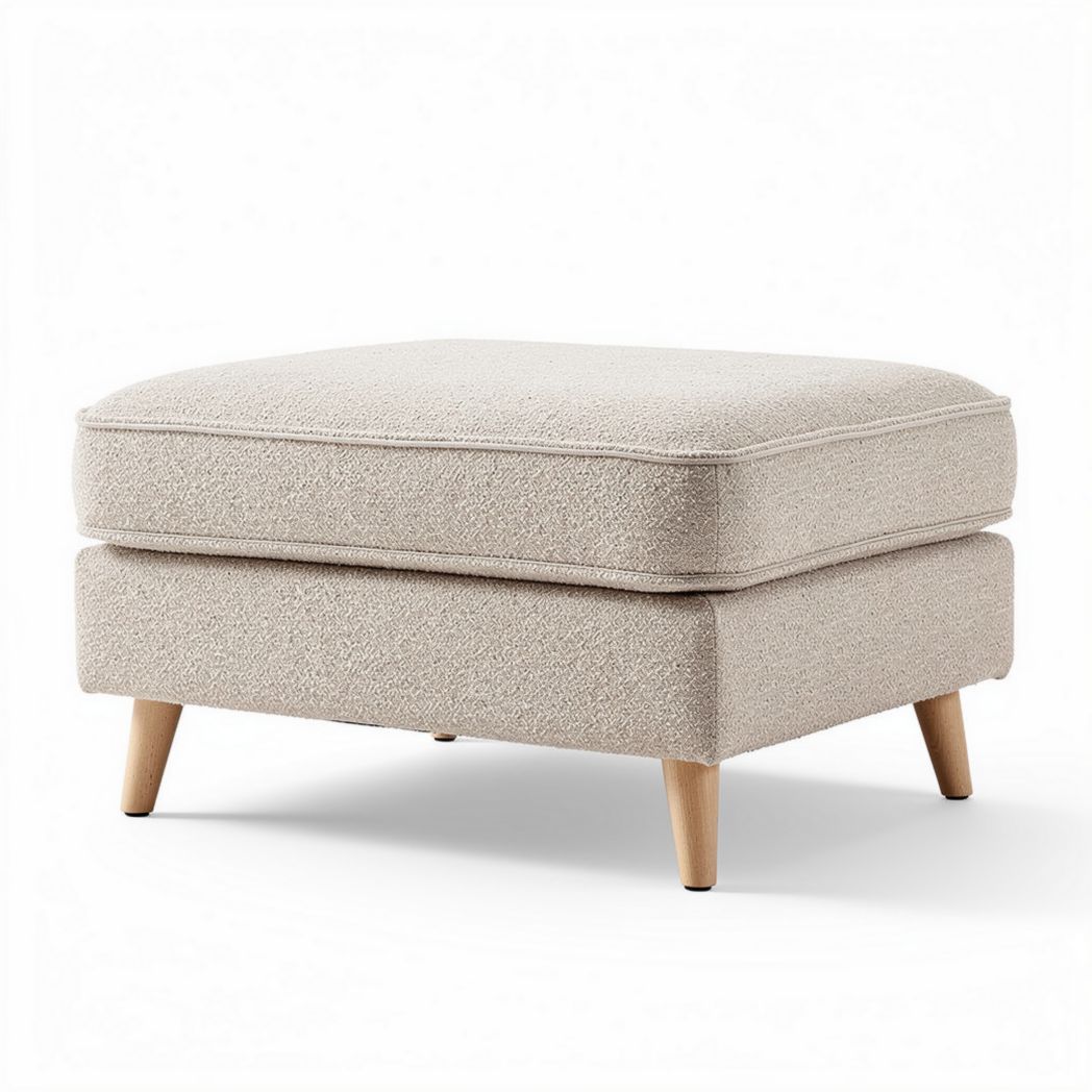 Pouf en tissu beige avec pieds en bois dimensions 60 x 60 x 40 cm