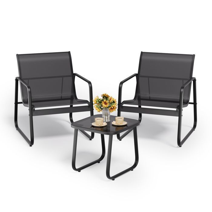 Salon de Jardin - Bealife - Fauteuil Teslin Respirant en Métal - Table Basse Verre Trempé - Meuble de Jardin Extérieur - 2 Places(Noir)