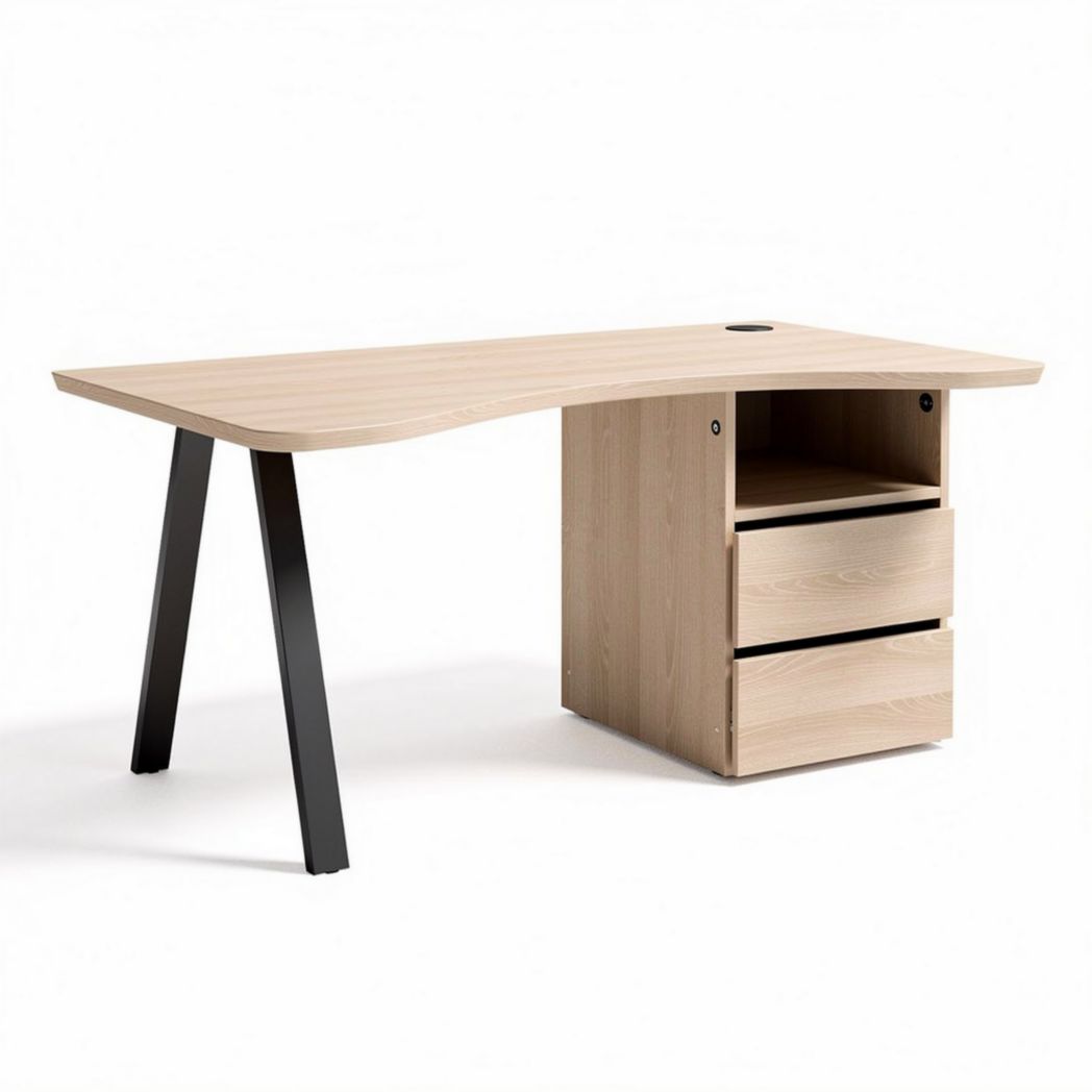 Bureau en bois clair avec rangements et pieds en métal noir 150 x 70 x 75cm