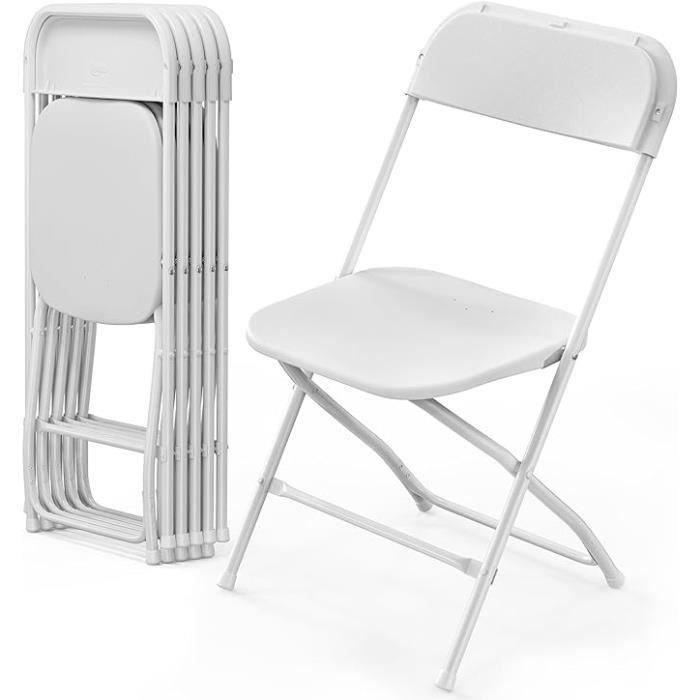 Lot de 6 chaises pliantes en plastique blanc, sièges commerciaux empilables portables intérieurs et extérieurs avec cadre en acier(Blanc/Lot de 2)
