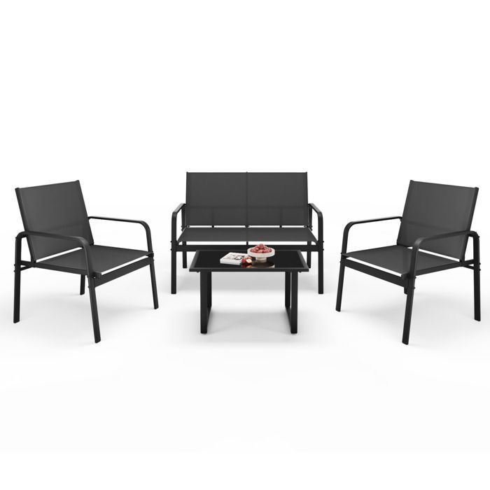 Mondeer Salon de Jardin Extérieur 4 Places, Ensemble Métal et Textilène avec 3 Assises et 1 Table basse, Noir(Noir)