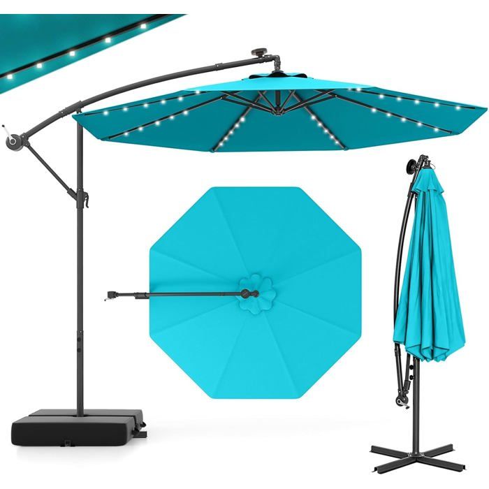 GIANTEX Parasol de Jardin Extérieur avec Pied - 3x3M - 40 Lampes Solaires - Inclinable - Manivelle - 8 Baleines - UPF50+, Turquoise(Beige/300 x 300 x 240 cm/32 LED)