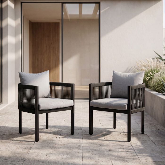 Ya-Home Lot de 2 Chaise de Jardin Exterieur avec Dossier en Corde Tressée, Fauteuil Cadre Métal pour Terrasse Cour Balcon, Gris(Gris/Lot de 2)