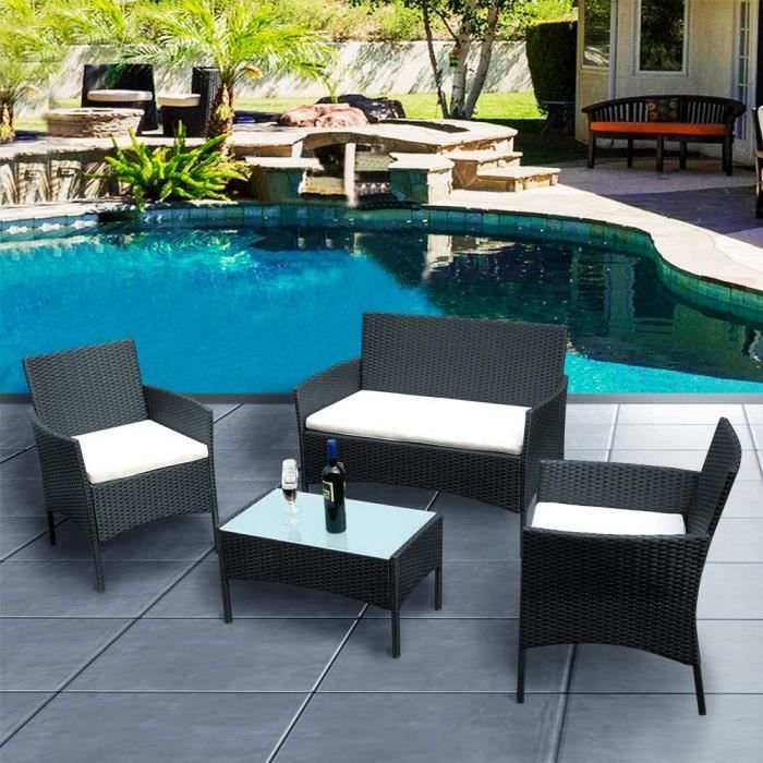 SALON DE JARDIN - ENSEMBLE TABLE CHAISE FAUTEUIL Table en Verre + 3 Chaises en Rotin PVC Moderne -Imperméable à l'eau Résistant(Noir)
