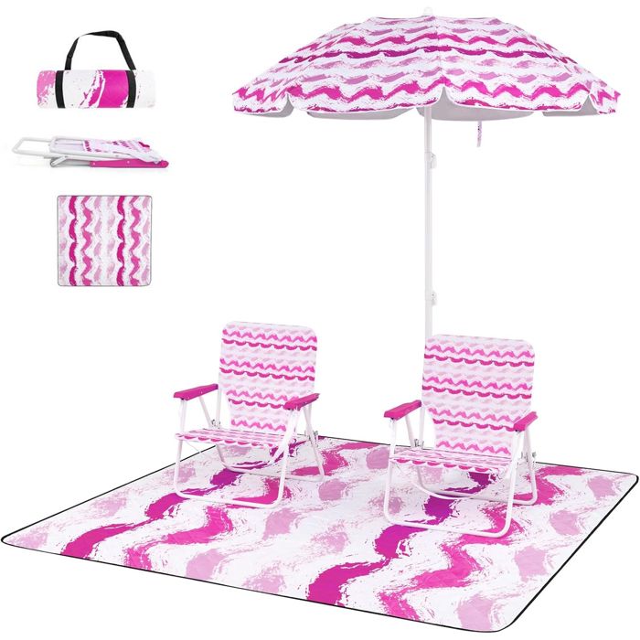 COSTWAY Ensemble 4 PCS avec 2 Chaises de Jardin Pliables et Parasol Portable Inclinable 190cm, Tapis 2 x 2m, Sac de Transport, Rose(Bleu)