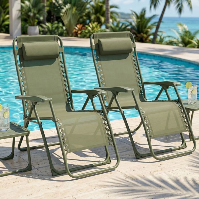 CASABEL lot de 2 chaises pliantes Zéro Gravité Vert sauge, fauteuils extérieurs inclinables et confortables, Acier  toile Textilene(Vert sauge/Sans coussin/A l'unité)