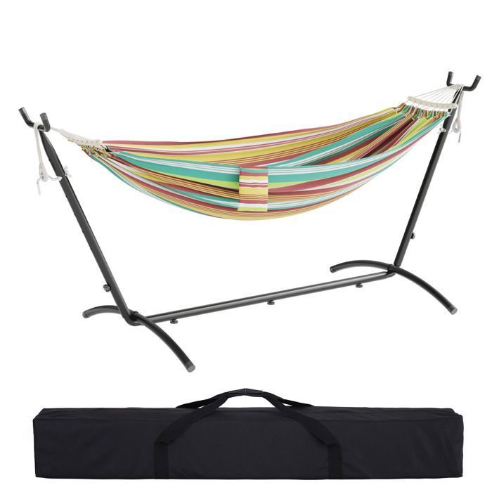 Mondeer Hamac sur Pied Double avec Support,Cadre Robuste Réglable 6Positions,Charge Max 270kg pour Jardin/Camping/Voyage,Multicolore(Multicolore)