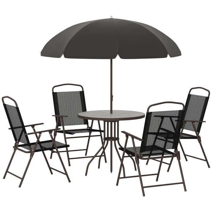 Ensemble salon de jardin - Outsunny - 6 pcs table ronde 4 chaises pliables parasol - acier - noir(Noir/4 personnes)