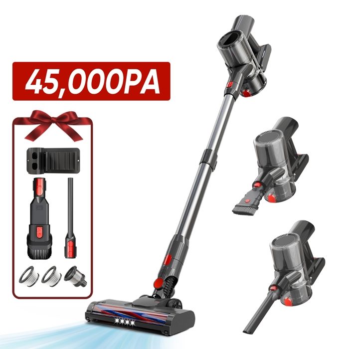LAMZIEN Aspirateur Balai sans Fil, 45000PA/45min Autonomie, Filtration Efficace, Poils d'animaux/Tapis/Sols Durs(Gris/AB-V8)