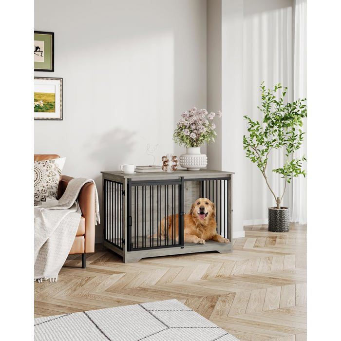 Cage pour Chien, 100 cm Meuble Cage Chien, Cage Chien Interieur avec Porte coulissante, 2 Portes, 100 x 60 x 68 cm, Ivoire Clair(Ivoire clair)