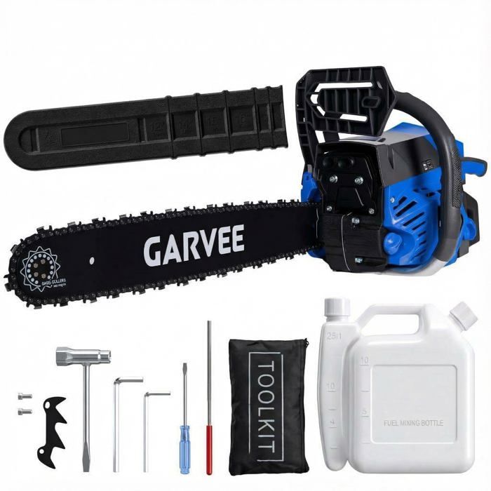 Trôneçonneuse thermique 58cc, guide 50cm, moteur 2 temps, double réservoir, anti-vibration, antidérapante, 5800 Bleu(Trôneçonneuse thermique/Bleu/43CC)