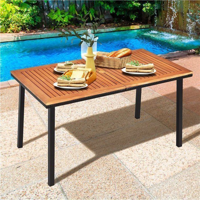 COSTWAY Table à Manger de Jardin FSC en Bois d'Acacia avec Trou de Parasol, pour 6-8 Personnes, Extérieur Intérieur, 140x75x76CM(Longueur : 140 cm/4 personnes/Style 1)