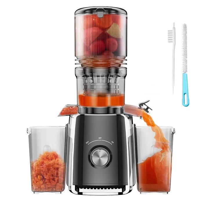 Extracteur de Jus de Fruits et Légumes,Ouverture de 128mm, Fonction de Mastication Inversée,Sans BPA avec 2 Tasses et Brosse(Noir)