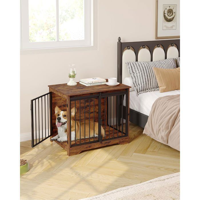 81cm Cage pour Chiens, Table d’Appoint, Niche Moderne pour Chiens, Cage pour Chiots,2 Portes, 55 x 81 x 67,5 cm, Marron Rustique(Marron rustique)