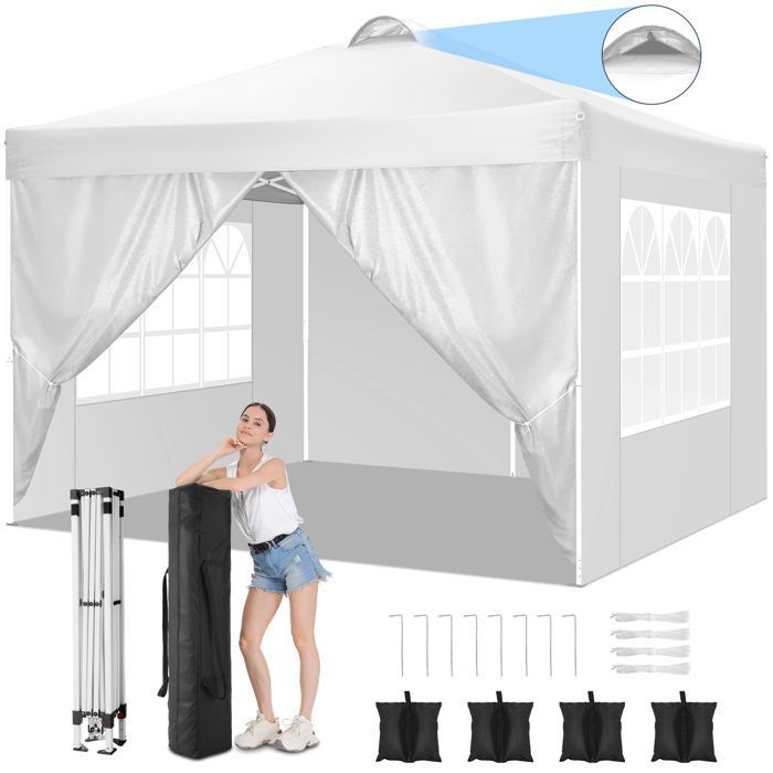Tonnelle Barnum 3x3m Pliante Imperméable Tente de Jardin Robuste Anti-UV avec 4 Parois et Sacs de Lestage - Blanc(Blanc/3 x 3 m)