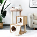 PAWZ Road Arbre a Chat en Bois Design Moderne et Solide, Arbre à Chat avec Grattoir, Sisal, Pompon suspendu, Panier, 89cm, Beige(Beige/M/Bois MDF)