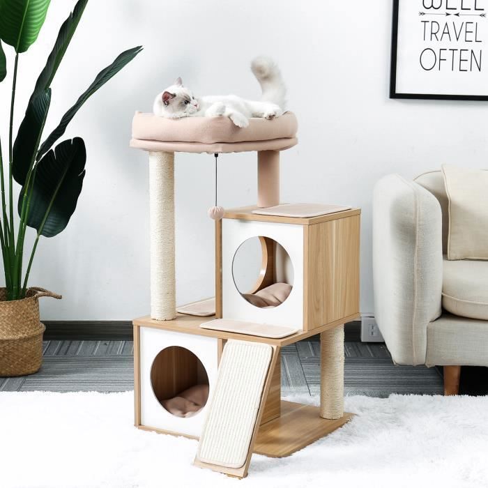 PAWZ Road Arbre a Chat en Bois Design Moderne et Solide, Arbre à Chat avec Grattoir, Sisal, Pompon suspendu, Panier, 89cm, Beige(Beige/M/Bois MDF)