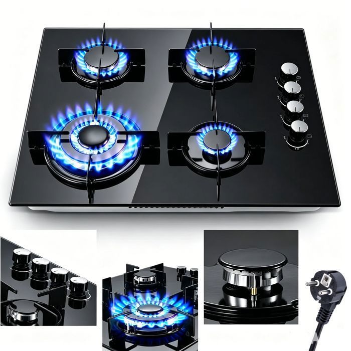 Plaque de cuisson Gaz, plaque gaz encastrable, 4 foyers,Table Gaz,L60 cm,Gaz Naturel/GPL,8000 W, Verre Noir(Noir/2 foyers)
