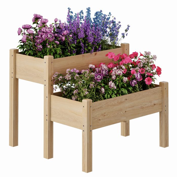 Jardinière surélevée 2 étages en bois de sapin 86x84x74 cm– 2 bacs, 8 trous d’écoulement, 160 kg – Potager extérieur, Jaune(Jaune/100 x 40 x 45 cm)