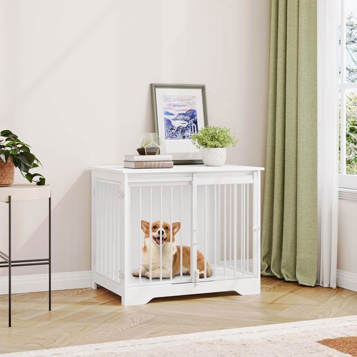 81cm Cage pour Chiens,Niche Moderne pour Chiens, Cage pour Chiots, Maisonnette pour Animaux, 2 Portes, 55 x 81 x 67,5 cm, Blanc(Blanc)