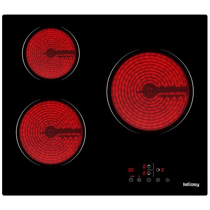 Plaque Vitrocéramique - ISEASY - 3 Feux - 5500W - Tactile - Encastrable 59x52 cm(3 Foyers)