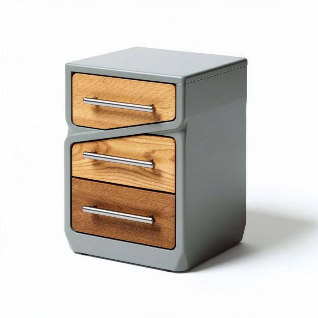 Table de chevet contemporaine en métal gris avec tiroirs en bois 40 x 40 x 70cm