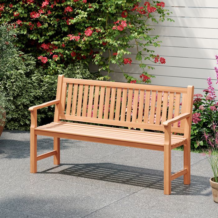 Banc de Jardin en Bois 3 Places COSTWAY, Dossier Incliné à Lattes, Accoudoirs, Charge 450 KG, 150 x 54 x 89 cm Banquette Exterieur(Charge : 450 kg/2 places)