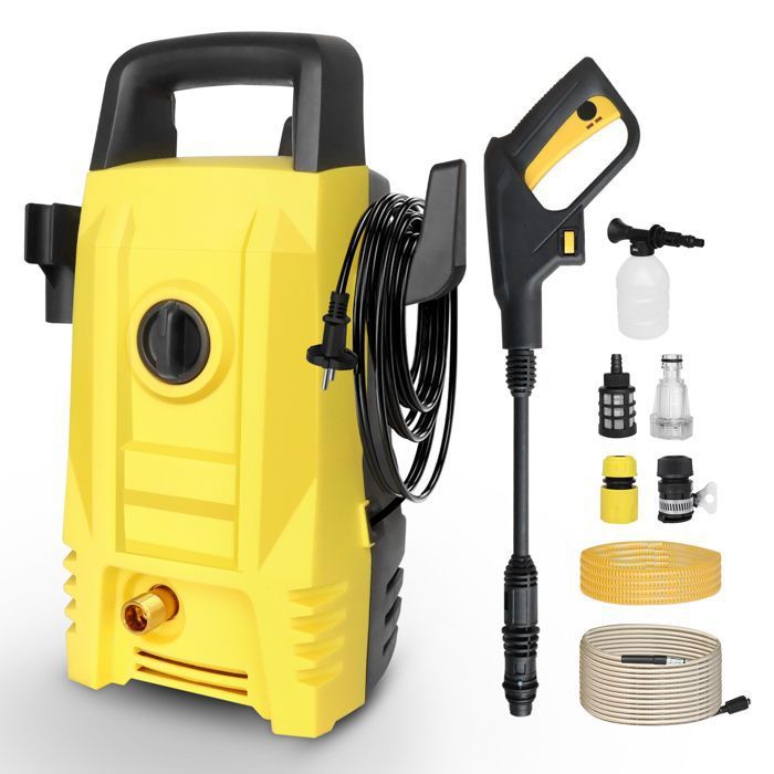Nettoyeur Haute Pression, Pression max. 110 bar, Débit max. 360 l/h, avec Flexible 10m et Pistolet Haute Pression, 1400W(CJ01-Jaune)
