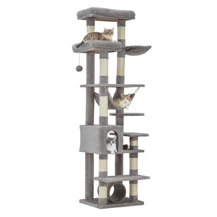 Arbre à chat - FARVEE - Arbre à chat multi-niveau avec griffoirs, escalade, hamac et niches, hauteur 188 cm - Gris clair(Gris clair)