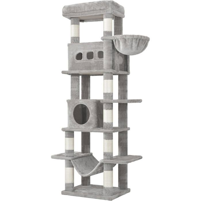 170 cm Grand Arbre à Chat, avec Grand Perchoir, Tapis Lavable, 2 Niches Chats, 8 Griffoirs, Hamac, Pompons, Gris Clair(Gris clair)