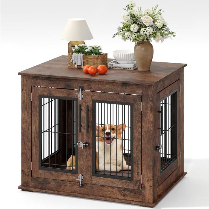 Cage pour Chien en Bois Rustique avec Double Porte – Meuble d'Appoint Style Ferme Cage pour Chien Meuble 80×60x66cm, Brun(Noir et marron/?122 x 74)