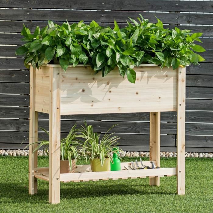 GOPLUS Jardinière Surélevée Rectangulaire en Bois,Lit de Surélevée pour Légumes,Herbes,Fleurs,Carré Potager sur Pieds,91,5x40,5x80,5(Bois/Hauteur : 105 cm)