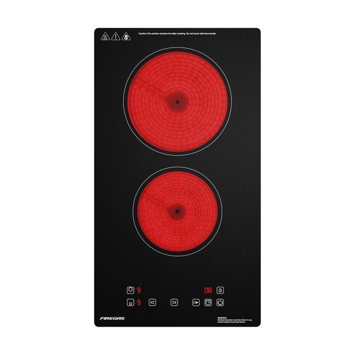 Plaque de Cuisson Vitrocéramique Noir FIREGAS, 2 foyers, 3000W, 9 niveaux, minuterie 1-99 min, compatible tous feux(Puisscance : 3000 W/L52 x P29 cm/2 foyers)