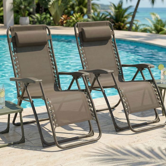 CASABEL lot de 2 chaises pliantes Zéro Gravité taupe, fauteuils extérieurs inclinables et confortables en Acier et toile Textilene(Taupe/Sans coussin/A l'unité)