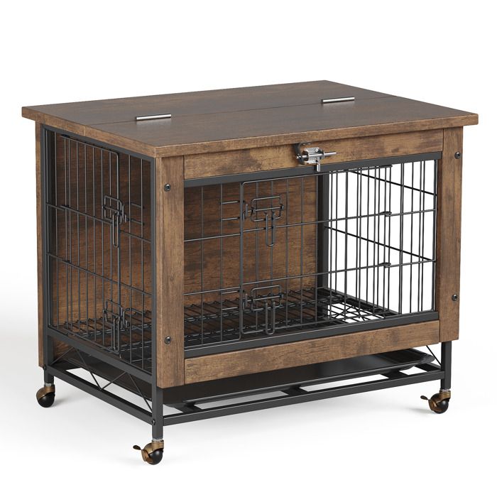 Cage pour Chien en Bois avec Roues – Table d'Appoint Meuble pour Chien – Double Portes  Toit Ouvrant, Marron Rustique(Noir et marron/?122 x 74)