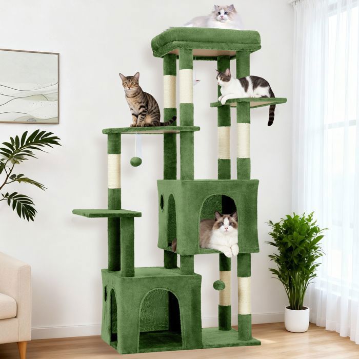 Arbre à chat multiniveau - GARVEE - avec griffoir, plateforme, jouets suspendus intégrés et 2 cabanes, Hauteur 155 cm - Vert(Vert)