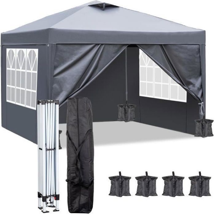 Tonnelle Pliant 3x3 m, Tonnelle de Jardin Imperméable avec 4 côtés, 4xsacs de sable,Pour la randonnée/Camping/Pique-niques, Gris(Bleu/2 x 2 m/4 rideaux)