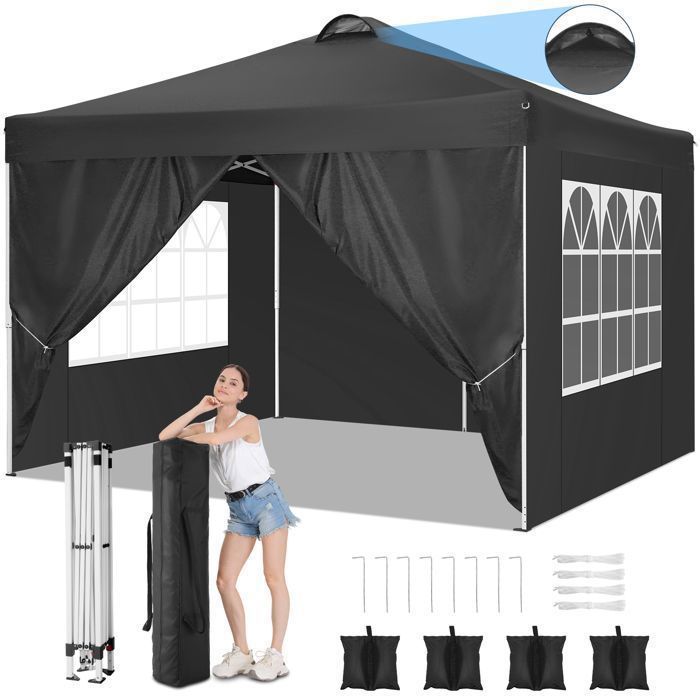 Tonnelle Barnum 3x3m Pliante Imperméable Tente de Jardin Robuste Anti-UV avec 4 Parois et Sacs de Lestage - Noir(Blanc/3 x 3 m)
